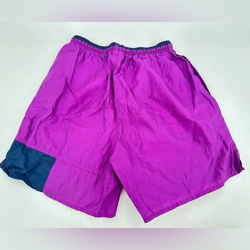 Vintage 90s UMBRO Soccer Shorts Medium Nylon ColorBlock Purple Spellout. - Picture 4 of 7